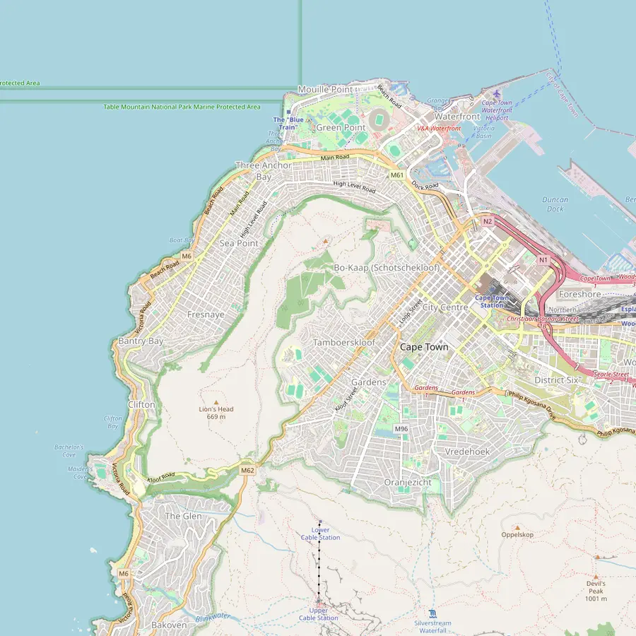 Map of central Cape Town with the Two Oceans Aquarium, the Clock Tower, the convention centre, Greenmarket Square, the cableway, Camps Bay, Sea Point, Green Point and Signal Hill