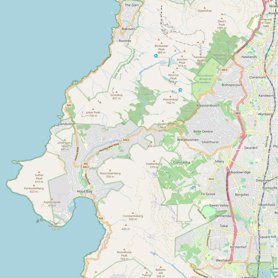 Map of Kirstenbosch, Constantia Nek, Groot Constantia, Beau Constantia and Hout Bay harbour