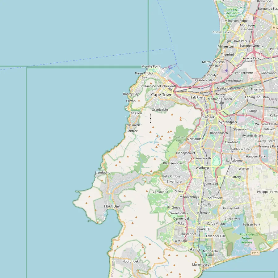 Map of the Cape Peninsula from the V&A Waterfront to Hout Bay with the main hop-on hop-off bus stops, Signal Hill, Kirstenbosch and Groot Constantia